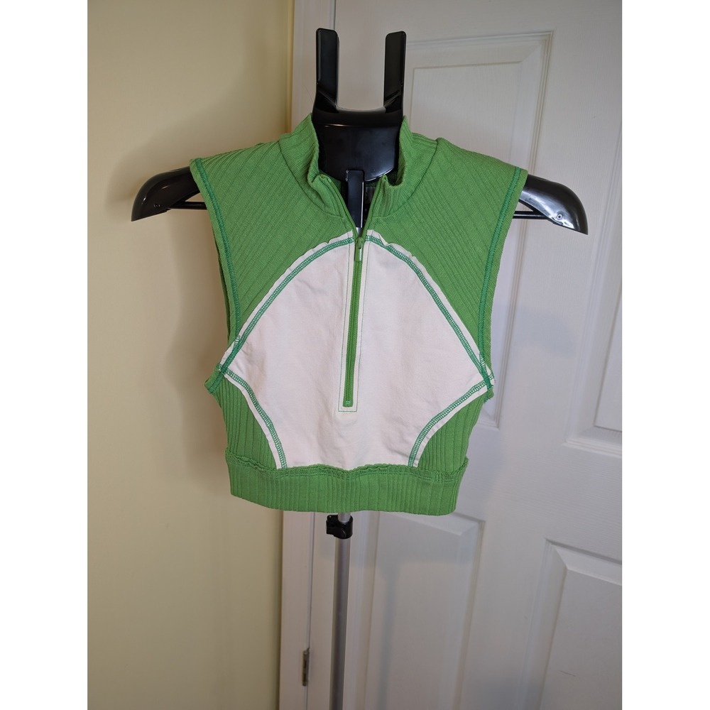 BDG Mia Zip Up‎ Crop Top Womens Medium Green White Ribbed Sleeveless